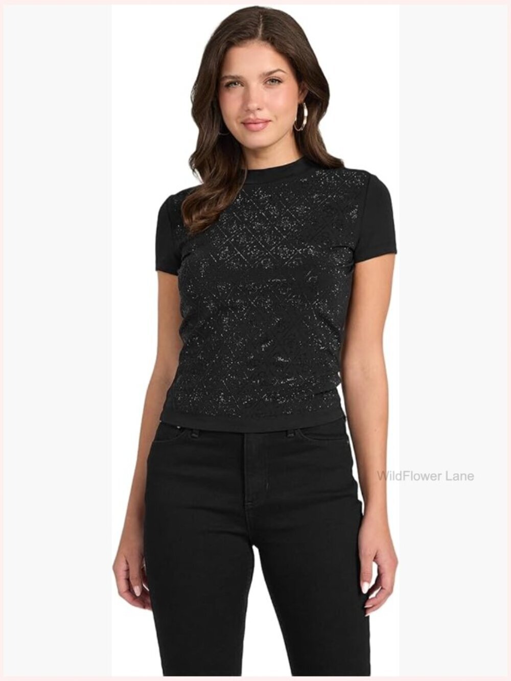 Short Sleeve Mock Neck All Over Rhinestone Tee